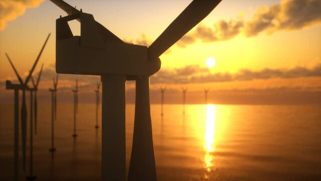 Wind turbines in the ocean at sunset. 3D animation