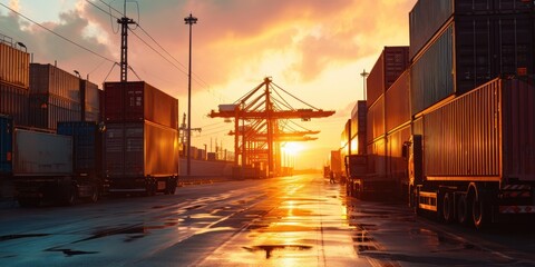 Obraz premium Transportation and logistics industry container trucks on road