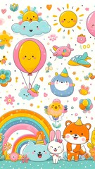 Obraz premium Colorful and imaginative children's illustrations, with adorable animal characters and free-floating balloons.