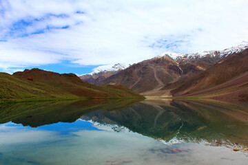 Scenic view of the beautiful and picturesque Chandratal Lake, located in the Himalayan region