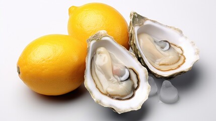 Fresh opened oyster offered as top view on crushed ice,Oysters with lemon on ice - obrazy, fototapety, plakaty