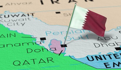 Qatar, Doha - national flag pinned on political map - 3D illustration