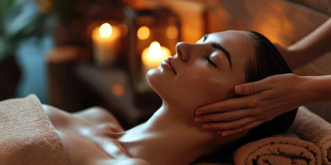 Foto op Plexiglas Massagesalon Beautiful woman receiving facial and massage at luxury spa for relaxation