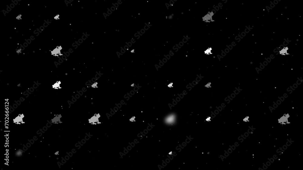 Poster template animation of evenly spaced frog symbols of different sizes and opacity. animation of transp