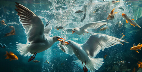 Seagulls catching fish in the water