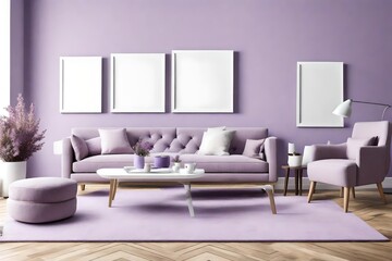 A clean and modern living room setup with an empty white frame on a soft lavender wall, surrounded by simple yet elegant furniture in muted tones.