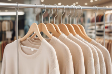 Pastel beige sweaters on hangers in a store.