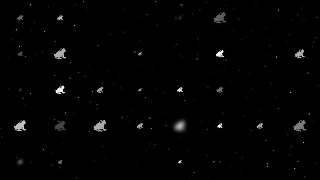Template animation of evenly spaced frog symbols of different sizes and opacity. Animation of transparency and size. Seamless looped 4k animation on black background with stars