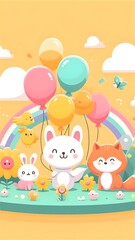Colorful and imaginative children's illustrations, with adorable animal characters and free-floating balloons.