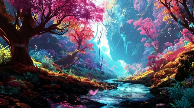 magical forest with swirling trees,loop video background animation, cartoon anime style, for streamer backdrop