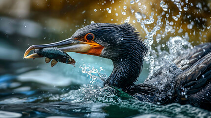 The cormorant is catching fish