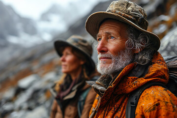 Obraz premium A traveler elderly cuple on the background of mountains.