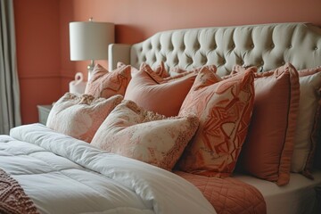 Bedroom with Peach Fuzz color shades. Interior of a bedroom. Bedroom with luxurious decoration