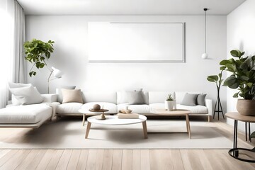 A minimalist living room with a blank frame above a sleek, white sofa and a coffee table, all in bright solid colors.