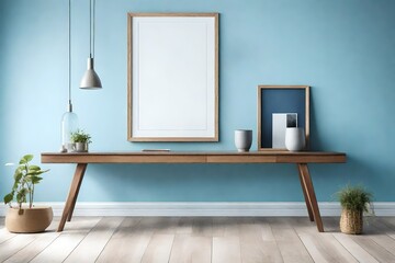An HD capture of a living room with a blank frame suspended above a minimalist wooden console table, set against a backdrop of light blue walls.