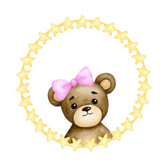 Fototapeta premium Baby bear in a frame. Girl. Birthday, baby shower, children's party. Children's watercolor illustration. Design element for greeting cards, posters, banners, logo, invitations, packaging. 