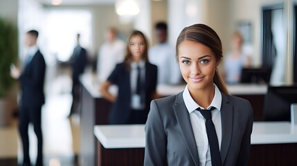 A confident receptionist at the front desk, welcoming demeanor , confident receptionist, front desk, welcoming demeanor