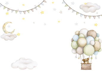 Baby bear. Boy. Gender party. Birthday, baby shower, children's party. Children's watercolor illustration in pastel colors. Vertical postcard, poster, banner, invitation, greeting card, background.
