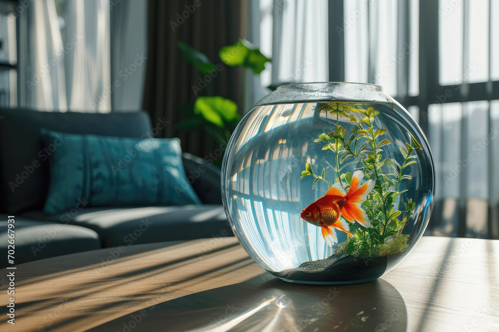 Wall mural round aquarium with goldfish in the interior of a modern apartment - Wall murals