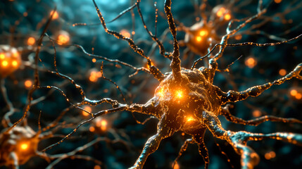Neurons activity. Synapses and axones transmitting electrical signals. AI generated