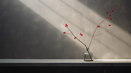 a striking arrangement of a branch with red blossoms in a glass vase, placed on a table. Dramatic sunlight streams across the scene,interior design, product background 3D
