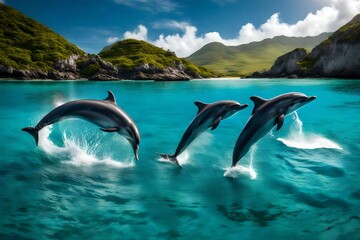 A group of dolphins leaping joyfully in the crystal-clear waters surrounding the island, framed by a picturesque seascape.