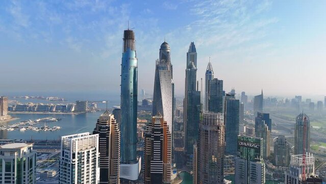 Aerial view of Dubai Marina. Dubai Marina is an affluent residential neighborhood known for The Beach.