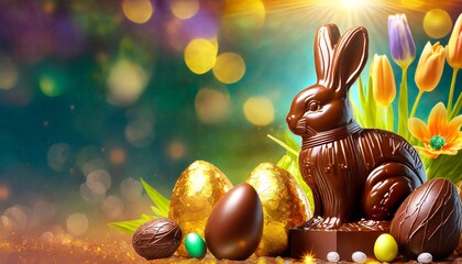 Easter background with chocolate Easter eggs and chocolate bunny