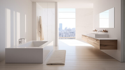 a luxurious, sunlit bathroom with a large freestanding bathtub and a floating vanity against a backdrop of marble walls,Luxury beauty, cosmetic, skincare, body care, product background 3D