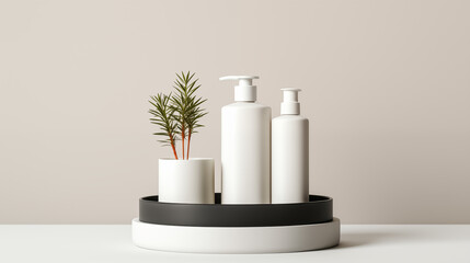 a minimalist composition with two white bottles of varying heights and a small potted plant with slender green leaves,cosmetic product background