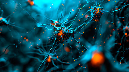 Neurons activity. Synapses and axones transmitting electrical signals. AI generated - obrazy, fototapety, plakaty