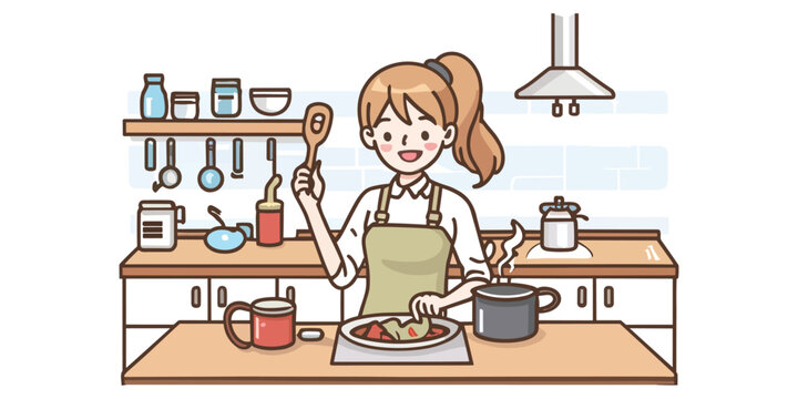 cartoon style woman wearing apron smiling in ketchen with food and cooking stuffs, vector ilustration.