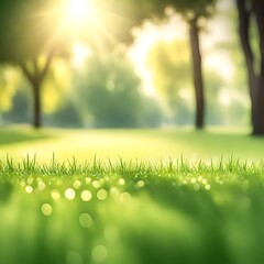 natural grass field lawn background with tree park outdoor back yard blurred bokeh and sun