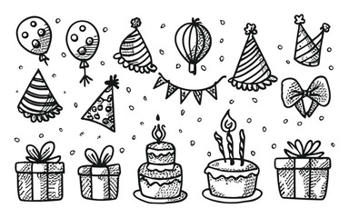Set of party doodle. Sketch of Birthday decoration, gift box, cake, party hats in sketch style. Hand drawn vector illustration isolated on white background
