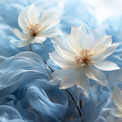 Obraz premium Beautiful white flowers on a blue background. Close-up. Floral illustration for textile, print, wallpapers, print, wedding or greeting.