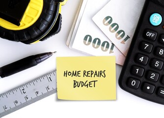 Calculator, pen, ruler, measuring tape and cash money on white background with note written HOME...