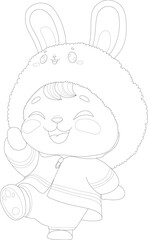 Cute graphic cartoon bunny in clothing with fluffy hat sketch template. Easter holiday toy vector illustration in black and white for games background, pattern, decor. Coloring paper, page, story book