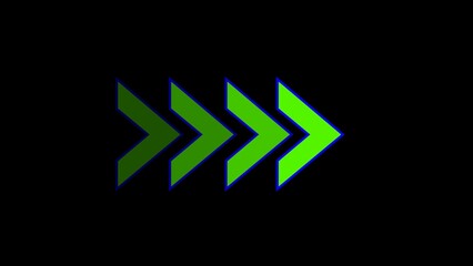 Flashing neon icon to the right arrow. green and blue color right chevron arrow. right arrow. arrow sign. Safety type. Neon futuristic arrow sign. Isolated on black background. - obrazy, fototapety, plakaty