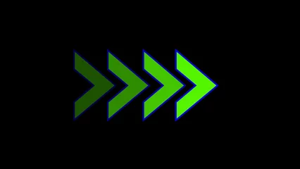 Fotobehang Flashing neon icon to the right arrow. green and blue color right chevron arrow. right arrow. arrow sign. Safety type. Neon futuristic arrow sign. Isolated on black background. © MstHazera