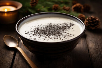 Bowl of poppy seed milk traditional Lithuanian Christmas Eve dish and a spoon on dark background