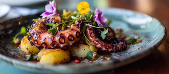 Octopus grilled and served with potato, adorned with flowers. - obrazy, fototapety, plakaty
