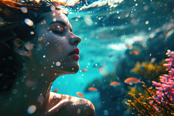 a beautiful girl in swimsuit swimming under water in the ocean with colorful coral reefs and fishes