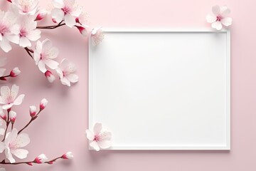 Naklejka na ściany i meble Mockup poster frame close up, 3d render minimalist top shot, new year theme, cherry blossom branches concept