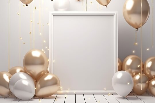 Mockup poster frame close up, 3d render minimalist top shot, new year theme, ballon concept