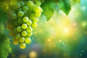 Bunch of green grapes hanging from vine. - obrazy, fototapety, plakaty