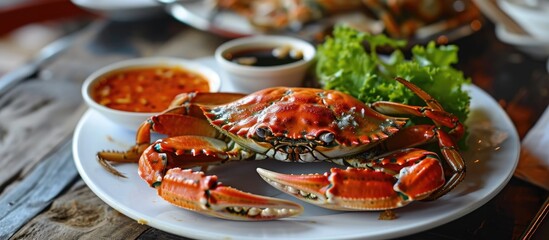Familiar with blue crab? It's a popular Thai seafood, steamed with a tasty dipping sauce. - obrazy, fototapety, plakaty
