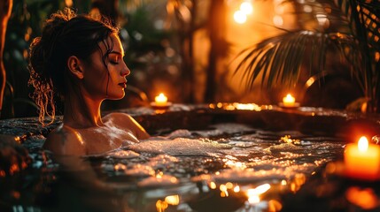 portrait of woman sitting in bath tub relaxing with foam and burning candles - Powered by Adobe