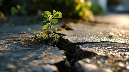 close up of tree sprout growing out of concrete crack in pavement