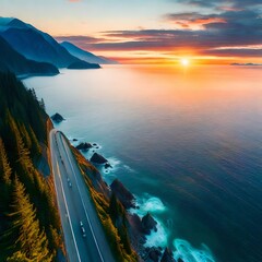 Sea to Sky Highway on Pacific Ocean West Coast. Aerial Panorama. Colorful Sunrise Sky.