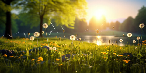 Idyllic springtime scene in a garden with young, vibrant green grass and dandelions blooming under...
